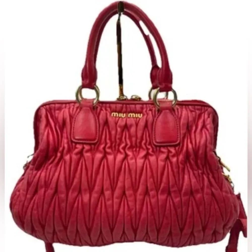 Auth Miu Miu Red Leather Quilted Matelesse 2way Bauletto Tote Bag Preloved Purse